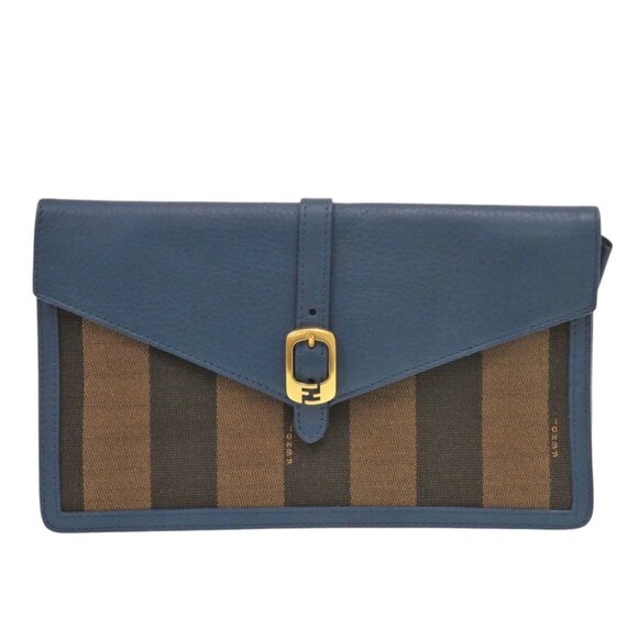 AUTHENTIC FENDI Pequin Pattern Blue Brown Leather Canvas Clutch Bag LTJ375-01122